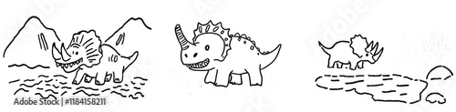 A black and white outline cartoon of a triceratops, reminiscent of a kids coloring book page