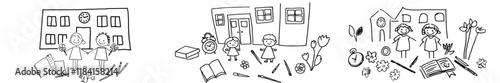 Back to school. Coloring page featuring a schoolboy and schoolgirl, a boy and a girl, and their school supplies