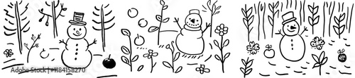 A smiling toy snowman, bundled up in a warm scarf and hat, rests beneath snow-covered fir branches in a wintry park, depicted as a modern black and white cartoon outline for a coloring book page