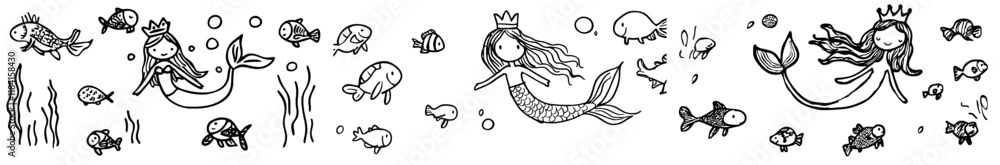 Naklejka premium Cute little mermaid girl wearing a coral tiara converses with a small sea turtle, outlined for coloring, on a white background