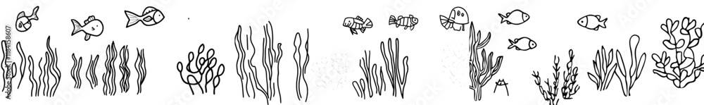 Horizontal seamless background featuring the seabed and its inhabitants, including coral on stones, anemones, seaweed, fish, and sponges, presented as a linear drawing suitable for coloring Horizontal seamless background featuring the seabed and its inhabitants, including coral on stones, anemones, seaweed, fish, and sponges, presented as a linear drawing suitable for coloring