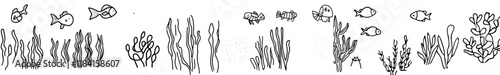 Horizontal seamless background featuring the seabed and its inhabitants, including coral on stones, anemones, seaweed, fish, and sponges, presented as a linear drawing suitable for coloring