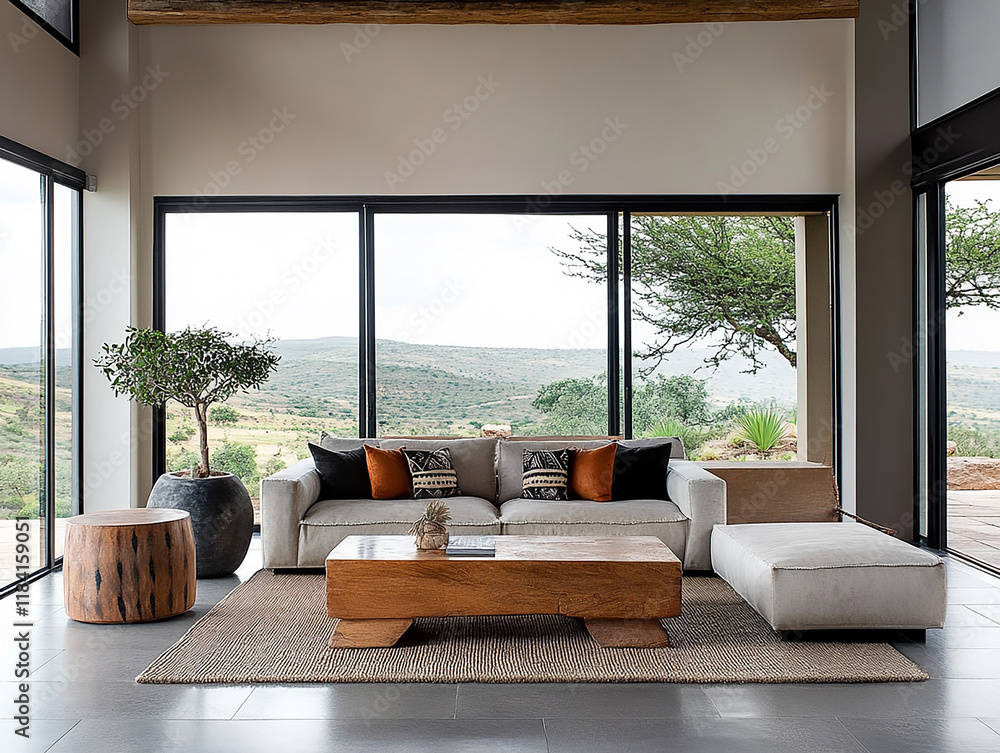 Fototapeta premium Modern living room design scenic view interior decor contemporary home natural light tranquil atmosphere for relaxation