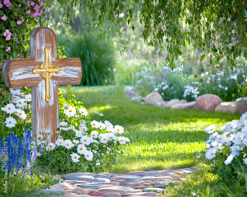 Peaceful garden path leads to wooden cross, surrounded by blooming flowers and lush greenery. Ideal for faith, serenity, or remembrance themes photo