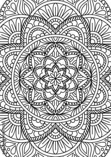 Black Outline Intricate Mandala Pattern. Yoga, meditation poster. Coloring book page.