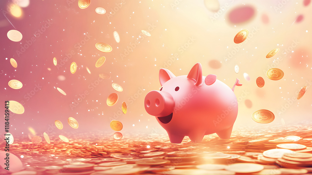 Happy Piggy Bank Surrounded By Falling Gold Coins Happy Piggy Bank Surrounded By Falling Gold Coins