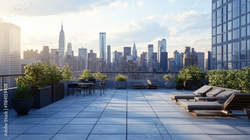 Wallpaper Mural A minimalist rooftop setting overlooking a bustling skyline of skyscrapers, with abundant space for text or branding. Torontodigital.ca