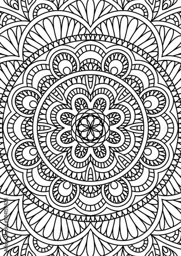 Black Outline Intricate Mandala Pattern. Yoga, meditation poster. Coloring book page.
