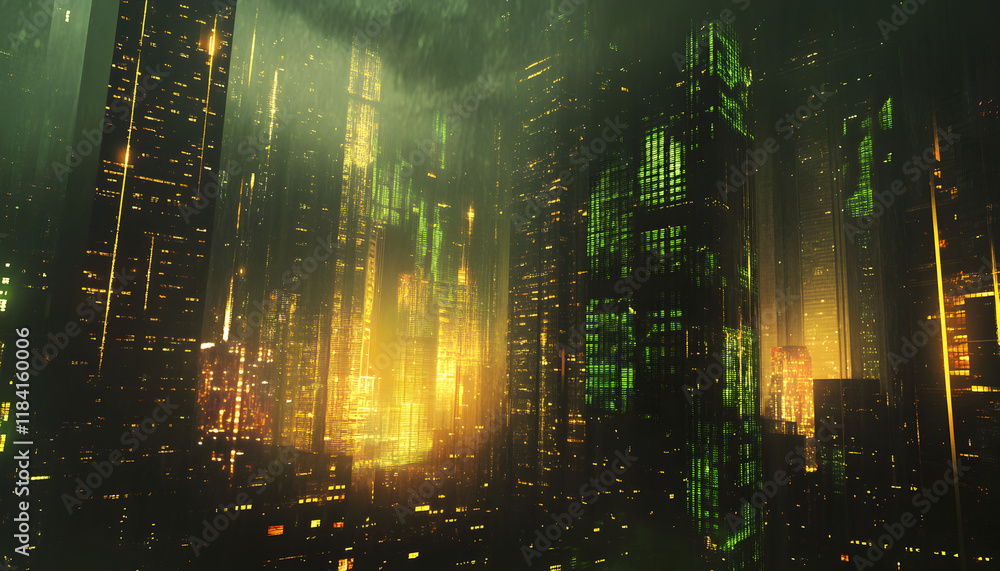 Fototapeta premium Futuristic Cityscape Illuminated at Night with Green and Gold Hues
