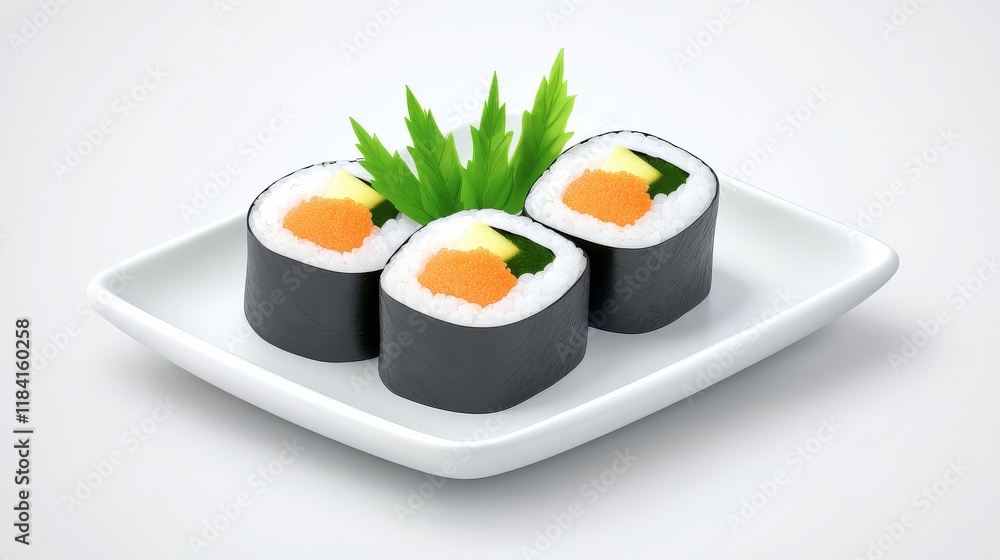 Delicious sushi rolls with vibrant colors on a white plate Delicious sushi rolls with vibrant colors on a white plate