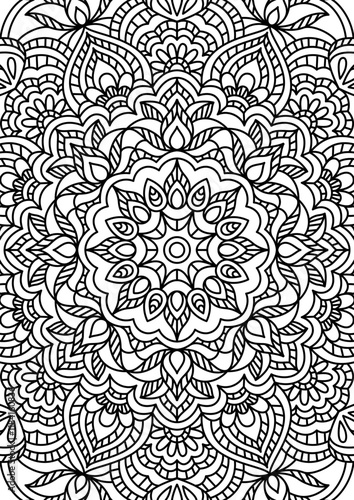 Black Outline Intricate Mandala Pattern. Yoga, meditation poster. Coloring book page.