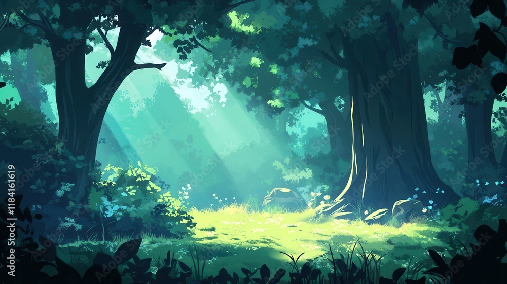Obraz premium Sunlit Forest Clearing Peaceful Green Landscape
