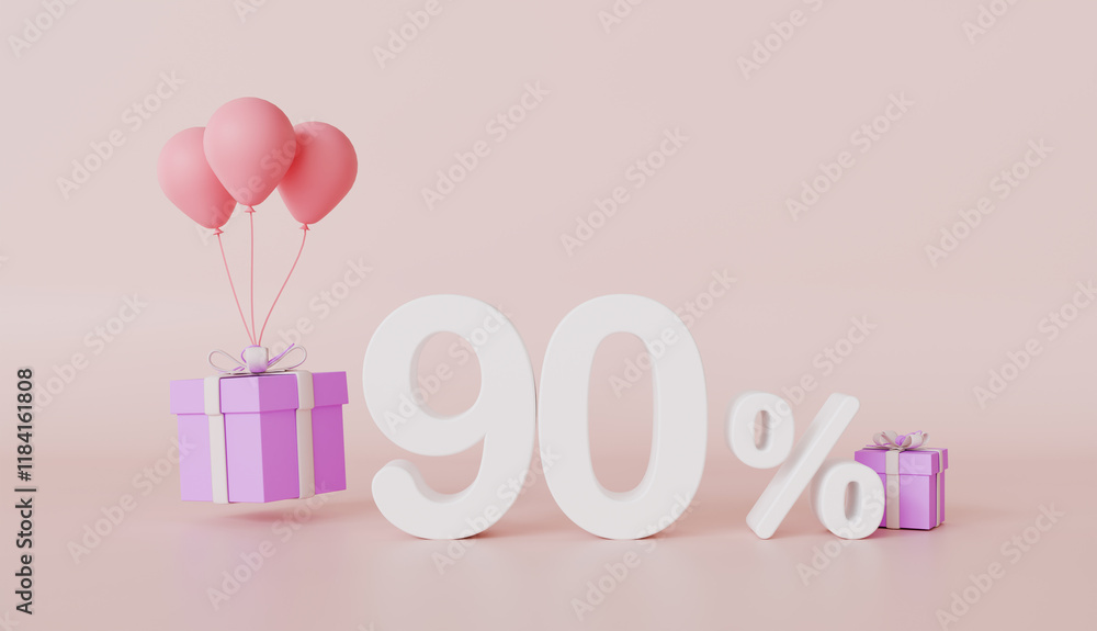 Gift box and balloons with ninety percent sign, Festive gift surprise, Holiday decoration