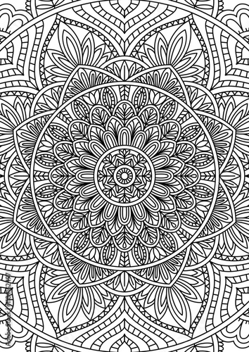 Black Outline Intricate Mandala Pattern. Yoga, meditation poster. Coloring book page.