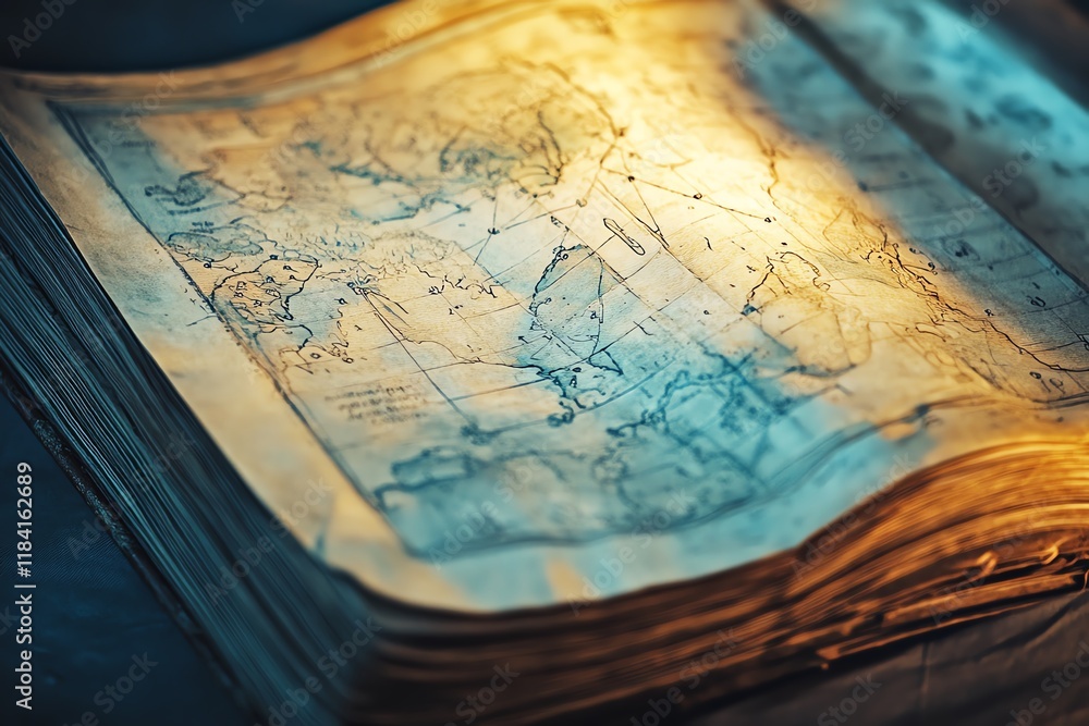 Fototapeta premium Antique treasure map glowing with magical light, adventure awaits. Discover lost lands and hidden secrets.