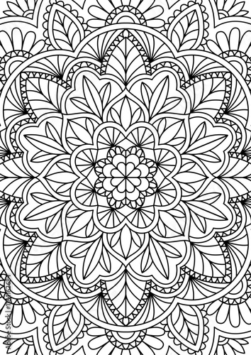 Black Outline Intricate Mandala Pattern. Yoga, meditation poster. Coloring book page.