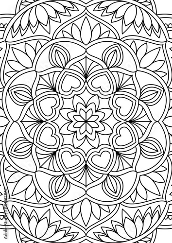 Black Outline Intricate Mandala Pattern. Yoga, meditation poster. Coloring book page.