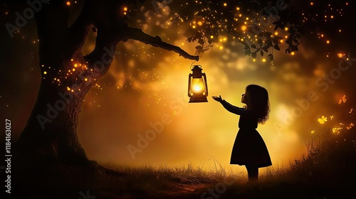 Wallpaper Mural Child holding lantern in magical forest glow. Torontodigital.ca