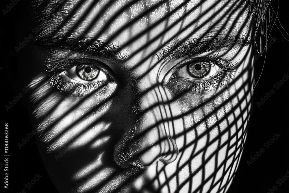 Obraz premium Black and White Close-Up Portrait of a Woman’s Face with Expressive Eyes, Zigzag Eyelashes, and Blurred Background – A Dramatic and Captivating Visual Focus