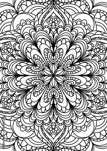 Black Outline Intricate Mandala Pattern. Yoga, meditation poster. Coloring book page.