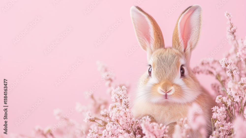 Obraz premium valentines day bunny peeking out from heart shape bush on pale pink background, banner design concept with copy space for text