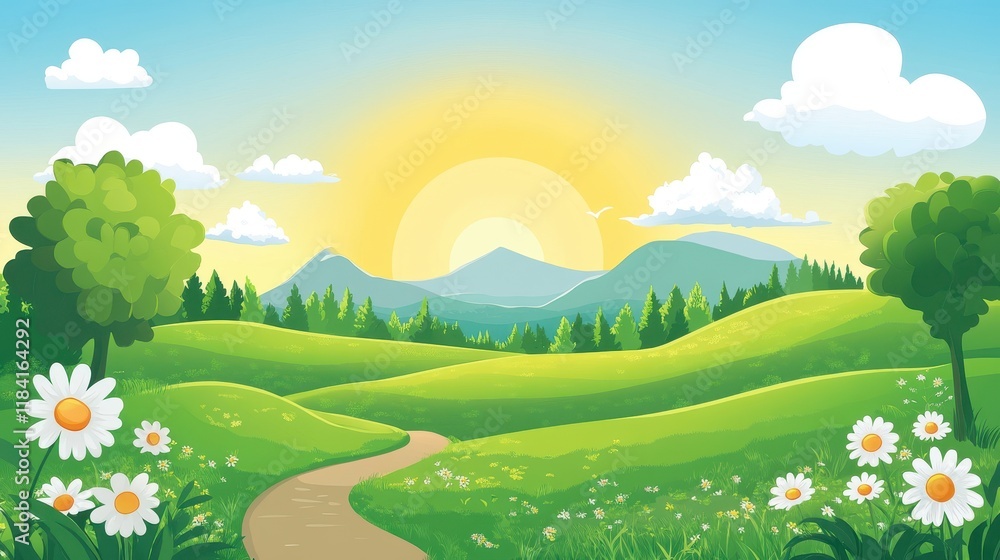 Fototapeta premium Serene Sunrise Over Rolling Green Hills and Daisies
