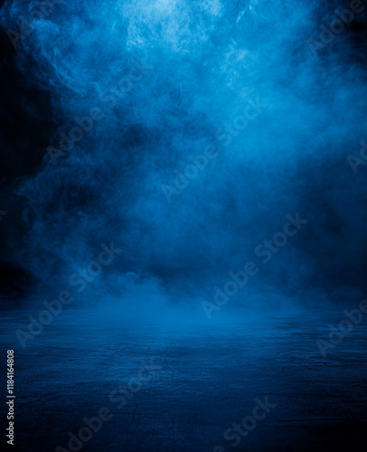 A dark background sets the stage for an atmospheric stock photo, featuring an empty floor immersed in smoky indigo and cobalt blue fog, evoking a sense of depth and mystery.