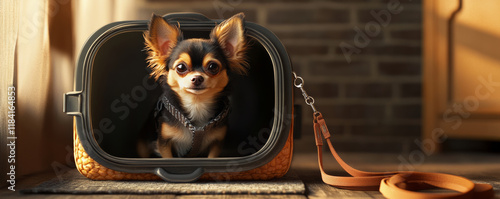 Chihuahua sitting inside open pet carrier with leash nearby, looking curious and playful. warm lighting creates cozy atmosphere, perfect for pet lovers