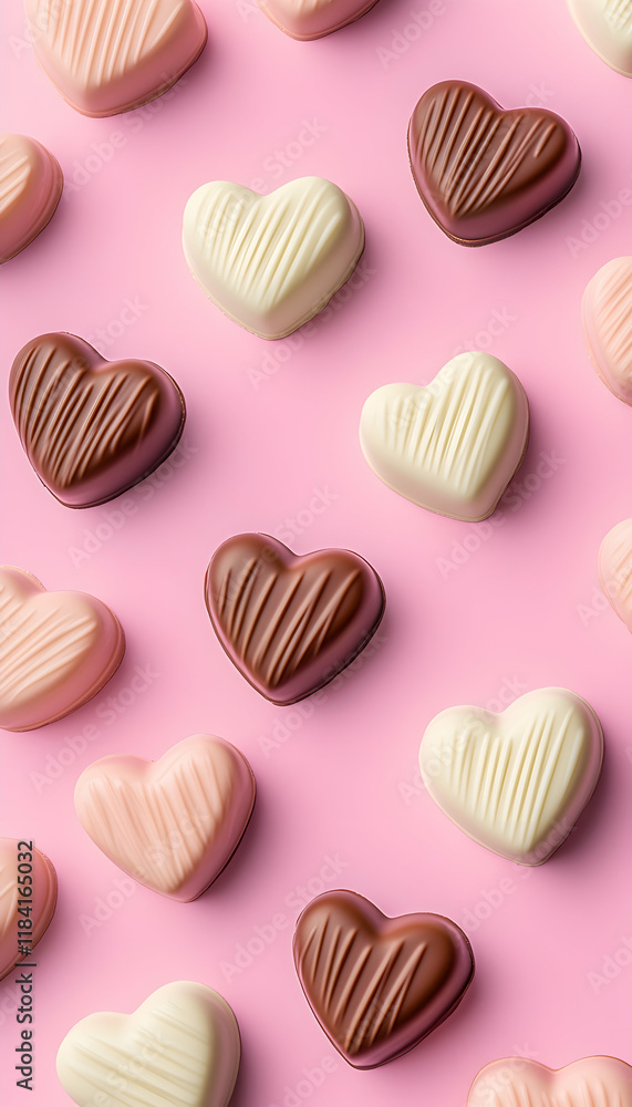 Pink background, heart-shaped chocolates, various colors, Valentine's Day treat, food photography for websites Pink background, heart-shaped chocolates, various colors, Valentine's Day treat, food photography for websites