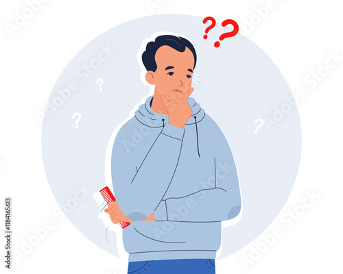 Young man with comb in hand. Man is upset because of hair loss. Hair loss concept. Flat vector illustration