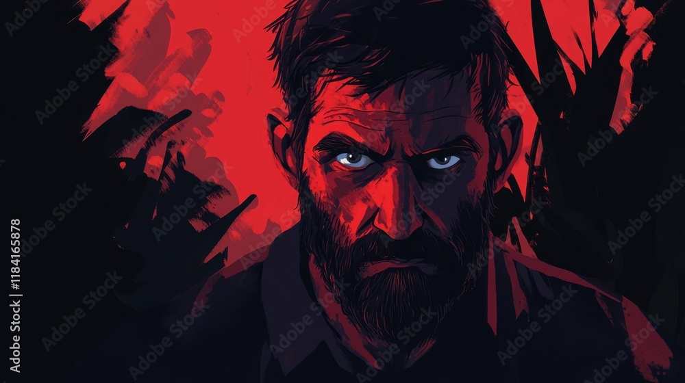 Intense Man Red Background Bearded Portrait Intense Man Red Background Bearded Portrait