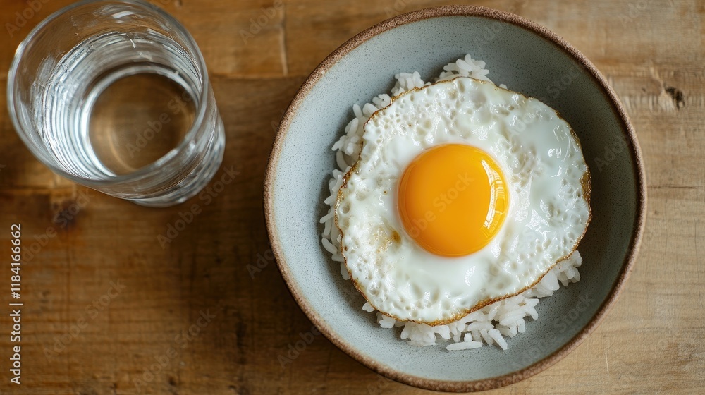 Fried egg on rice served in a ceramic dish with a glass of water beside it on a minimalist dining table, top view. Fried egg on rice served in a ceramic dish with a glass of water beside it on a minimalist dining table, top view.