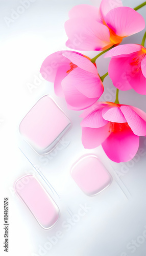 Pink flowers and beauty product packaging on white background; spa, wellness, skincare concept; ideal for beauty blogs and product advertising photo