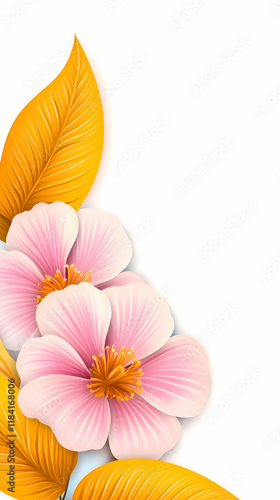 Pink flowers and golden leaves corner design, ideal for invitations or greeting cards Pink flowers and golden leaves corner design, ideal for invitations or greeting cards