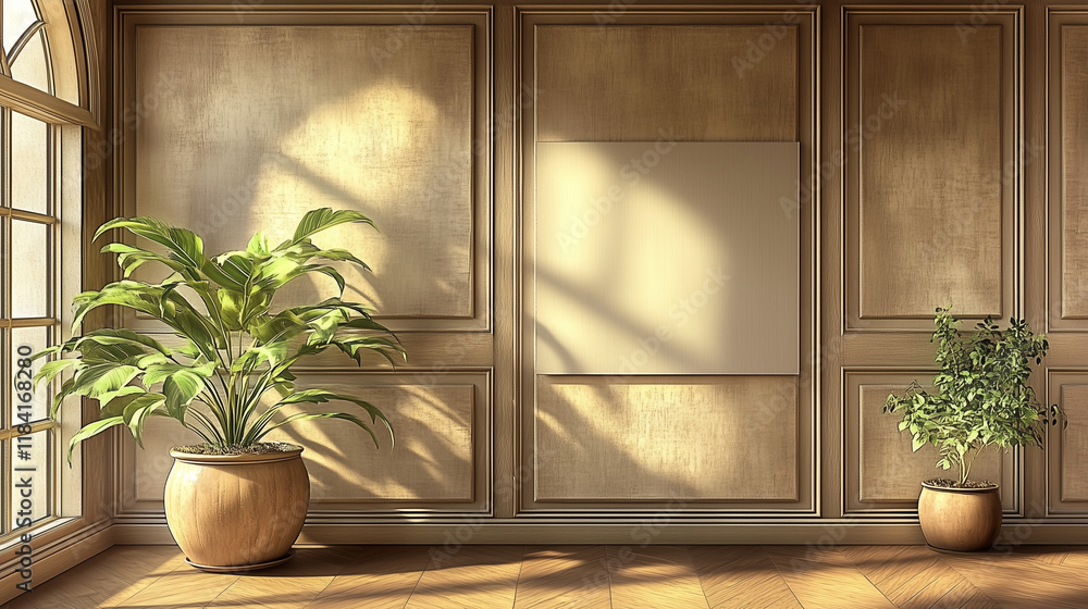 Fototapeta premium Blank Canvas in a Warm, Natural Light-Filled Room with Wooden Paneling and Parquet Flooring, Perfect for Creative Inspiration or Graphic Design Projects.