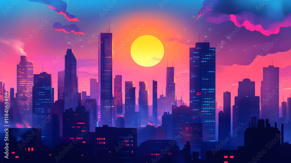 Vibrant City Skyline at Sunset with Colorful Clouds Vibrant City Skyline at Sunset with Colorful Clouds
