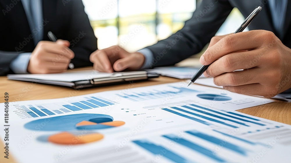 Professionals discussing graphs and charts in a modern office, analyzing recent market shifts. Professionals discussing graphs and charts in a modern office, analyzing recent market shifts.