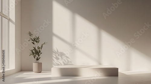 Minimalist white product display podium in empty room with potted plant and window light casting shadows photo