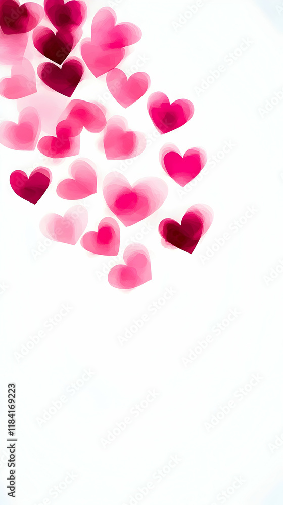 Pink heart bokeh, falling, white background, romantic mood, Valentine's Day card Pink heart bokeh, falling, white background, romantic mood, Valentine's Day card