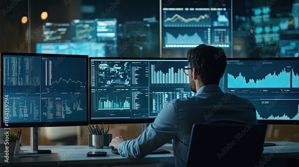 A data analyst working on a computer, surrounded by charts and graphs on multiple screens, analyzing financial trends in an office setting. A data analyst working on a computer, surrounded by charts and graphs on multiple screens, analyzing financial trends in an office setting.