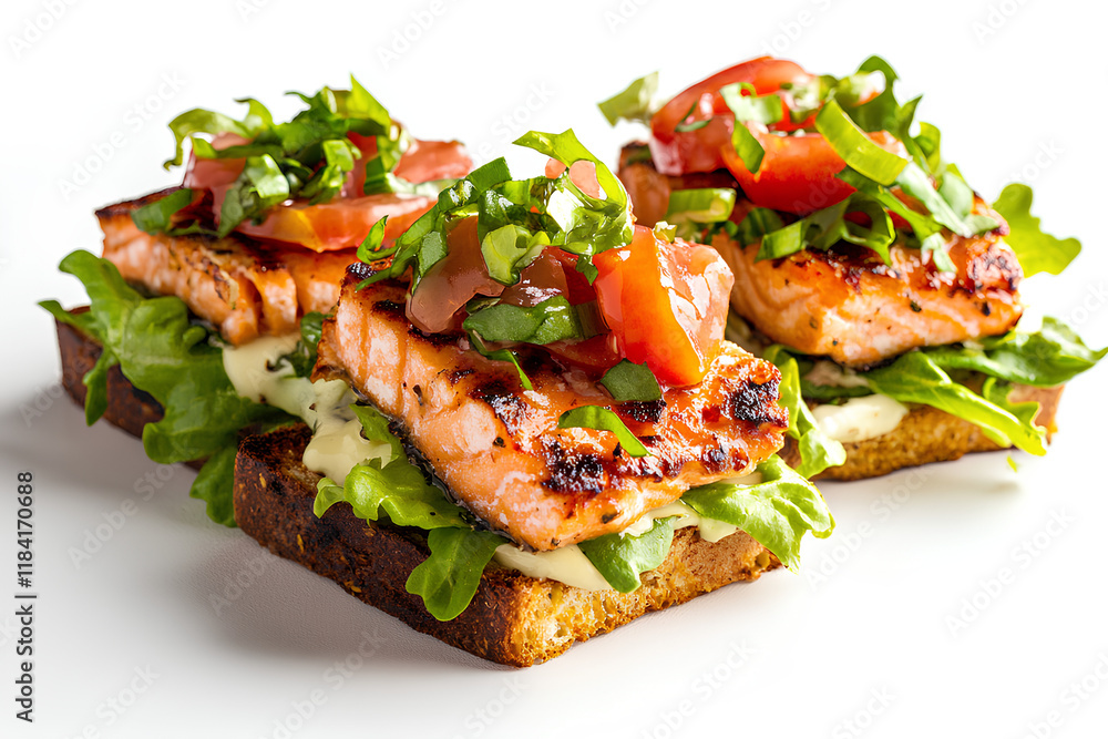 Perfectly Styled Open-Faced Club Sandwich with Salmon and Grilled Bread
Perfectly Styled Open-Faced Club Sandwich with Salmon and Grilled Bread
