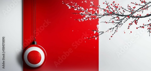 Valentine's Day and Chinese New Year concept. Decorative red background with a hanging ornament and cherry blossom branch accents.
