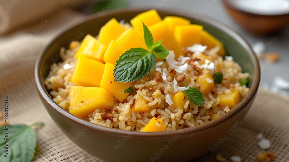 Delicious Golden Brown Rice Bowl with Juicy Mango Slices, Fresh Mint, Toasted Coconut - Vibrant Tropical Rice Dish Delicious Golden Brown Rice Bowl with Juicy Mango Slices, Fresh Mint, Toasted Coconut - Vibrant Tropical Rice Dish