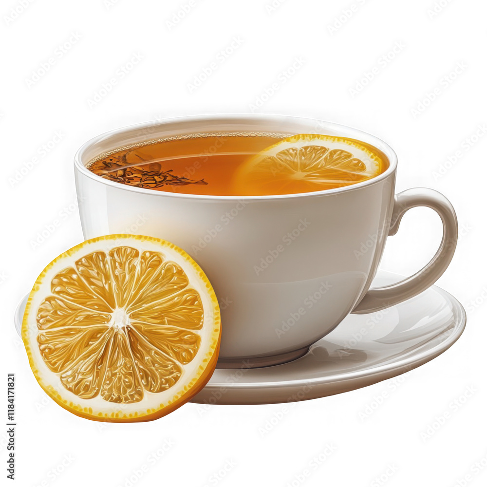 Steaming hot cup of herbal tea with lemon slice isolated on a transparent background Steaming hot cup of herbal tea with lemon slice isolated on a transparent background