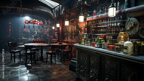 Retro-futuristic industrial underground bar interior concept