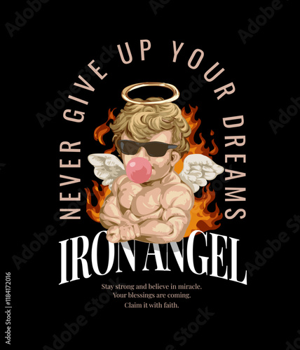 iron angel slogan with angel bodybuilding vector illustration on fire background vector illustration