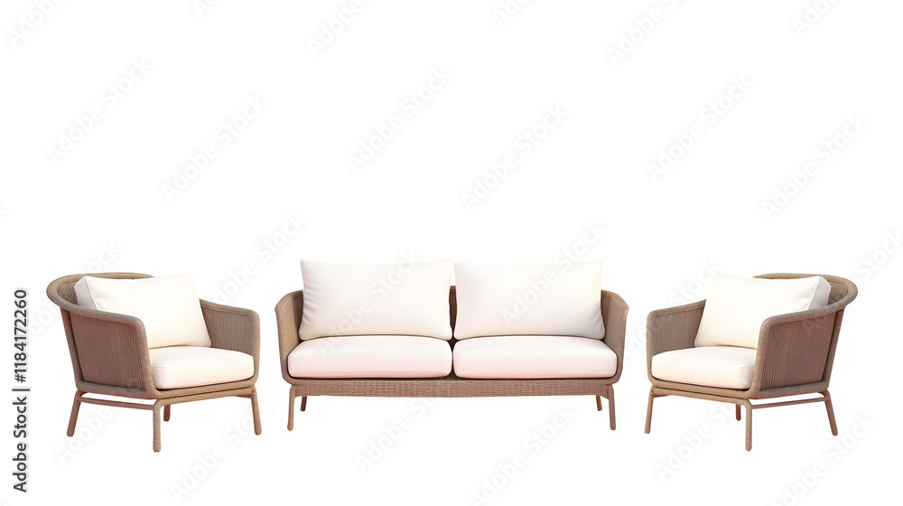 Fototapeta premium Relax in style with this exquisite wicker lounge set. Cream cushions add comfort and elegance to the woven design. Perfect for outdoor relaxation!, cut out,transparent background