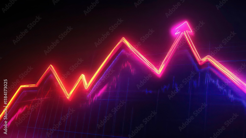 Glowing neon arrow graph showing growth and success. Glowing neon arrow graph showing growth and success.