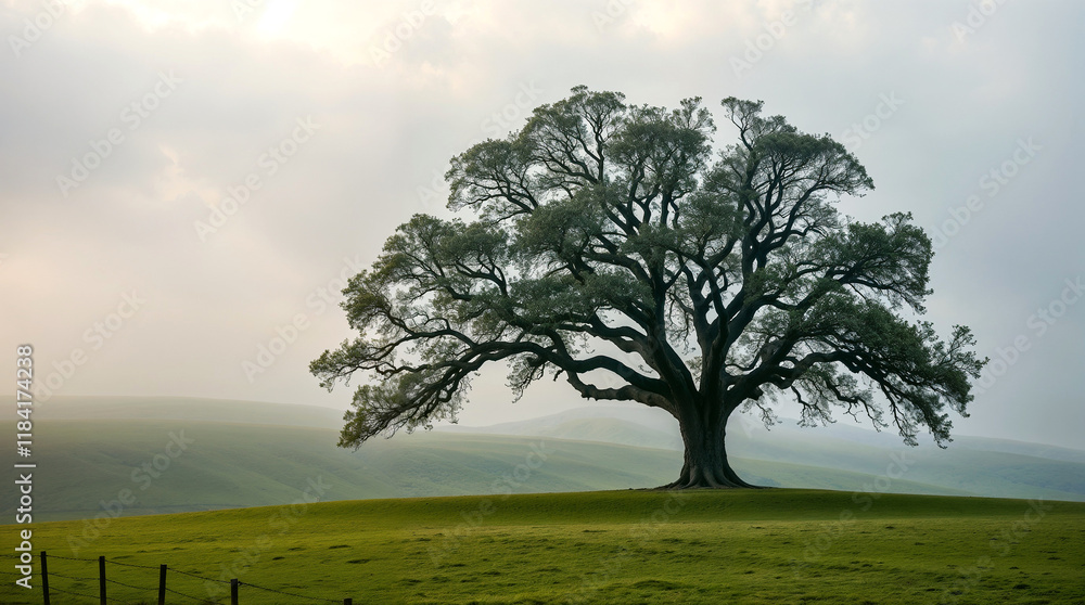 Obraz premium Solitary ancient oak tree on a rolling green hill, veiled in morning fog