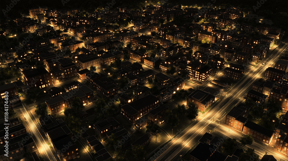 A View of a City at Night From the Ground, Skyscrapers forming a maze-like grid as seen from a bird's-eye A View of a City at Night From the Ground, Skyscrapers forming a maze-like grid as seen from a bird's-eye